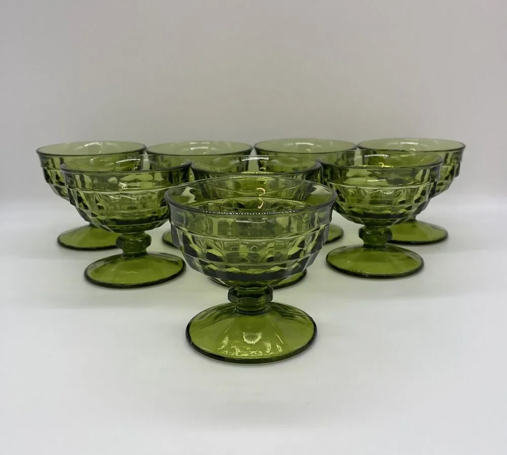 8 Vintage Indiana Whitehall Colony Cube Glass Sherbets Avocado Green